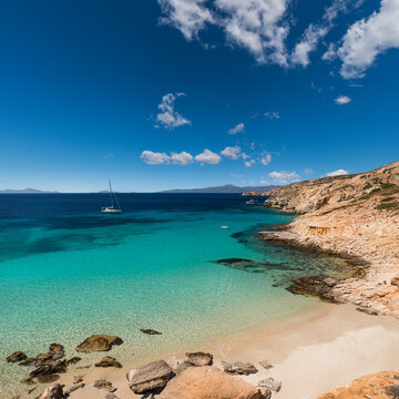 Incredible transparent and turquoise sea on the southern coast of the Greek island of Donoussa in the Cyclades archipelago