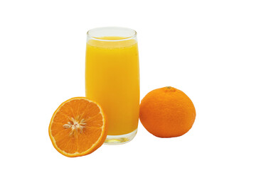 Glass orange juice and half cut mandarine isolated on white background.