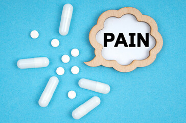 On a blue background, pills and a plate, inside which the inscription - PAIN