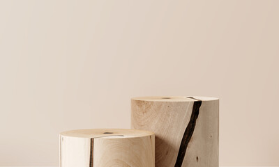 Wooden podium, Cosmetic display product stand on brown background. 3D rendering	