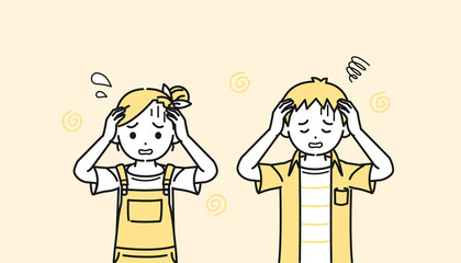 パニック　不安になる男の子と女の子のイラスト　ストレス　混乱　子供　小学生　低学年
