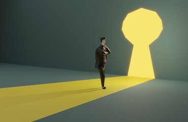 Businessman in suit standing in front of keyhole.3D rendering
