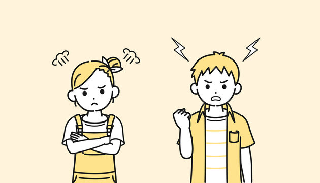 怒る男の子と女の子のイラスト　不機嫌　反抗期　子供　小学生　低学年