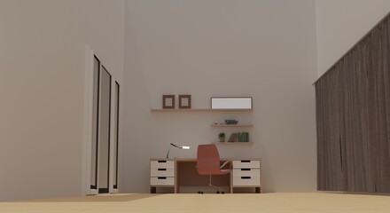 Neutral interior with table chair and lamp on wall background.3D rendering