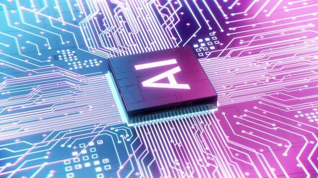 AI microprocessor on motherboard computer circuit, Artificial intelligence integrated inside Central Processors Unit or CPU chip, 3d rendering futuristic digital data technology concept loop animation