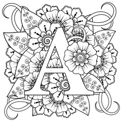 Mehndi flower for henna, mehndi, tattoo, decoration. decorative ornament in ethnic oriental style. doodle ornament. outline hand draw illustration. coloring book page.