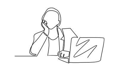 Continue line of woman working with laptop illustration