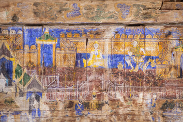 The Ancient painting of buddhist temple mural at Wat Phra That Lampang Luang, a famous temple in lampang province, Thailand. The temple is open to the public and has beautiful murals on the walls.