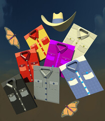 Shirts new range stylish summer fashion collection 3D illustration. Variety of colors and textures, sky background. Collection.