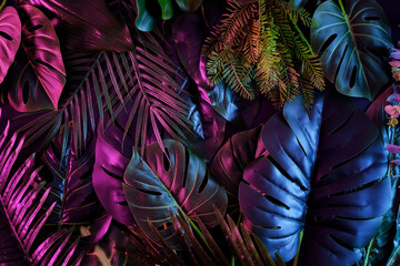Tropical dark trend jungle in neon illuminated lighting. Exotic palms and plants in retro style. - obrazy, fototapety, plakaty