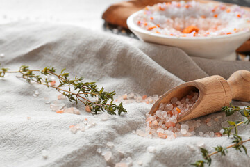 Composition with sea salt and thyme on table, closeup