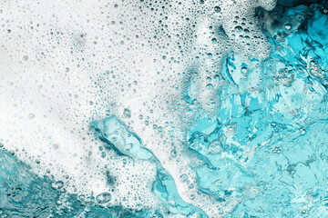 White foam clear blue water background closeup, sea or ocean foam wave border, froth bubbles...