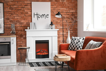 Stylish fireplace in interior of modern kitchen
