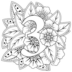 Mehndi flower for henna, mehndi, tattoo, decoration. decorative ornament in ethnic oriental style. doodle ornament. outline hand draw illustration. coloring book page.