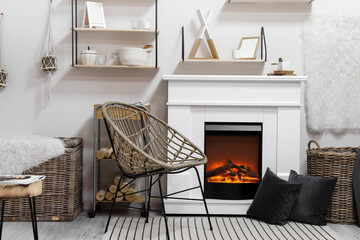 Stylish interior of modern living room with fireplace