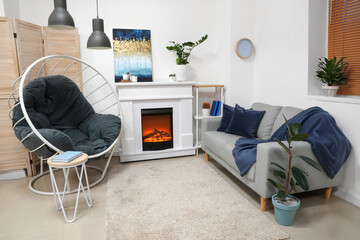 Stylish interior of modern living room with fireplace