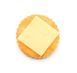 Tasty cracker and cheese on white background