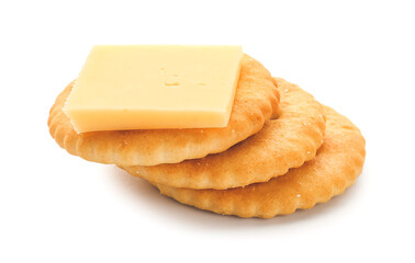 Tasty crackers and cheese on white background