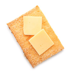 Tasty cracker and cheese on white background