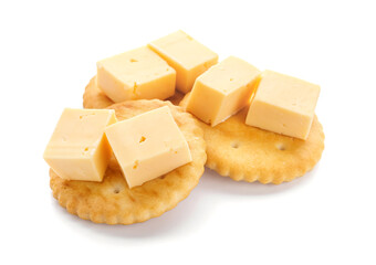 Tasty crackers and cheese on white background