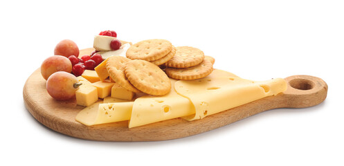 Board with tasty crackers and cheese on white background