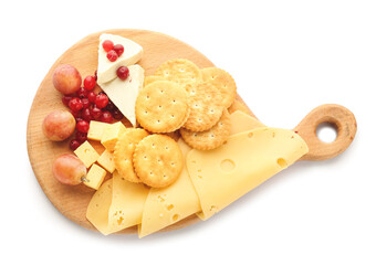 Board with tasty crackers and cheese on white background