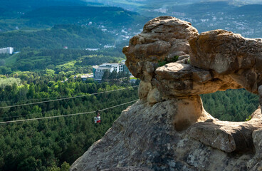Kislovodsk National Park, rocks on the mountain Red Sun, cableway cabin. Kislovodsk, Russia.