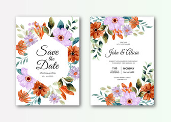 Wedding invitation card set with watercolor purple brown flower