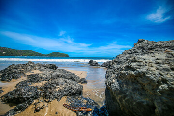 Fototapeta na wymiar Beautiful beach at famous beach, rock, sun, water and island, amazing Seychelles with unique franite rocks