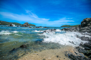 Beautiful beach at famous beach, rock, sun, water and island, amazing Seychelles with unique franite rocks