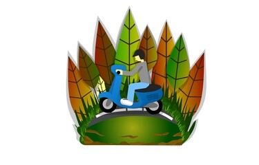 Flat design illustration a man is riding a motorbike through the trees.