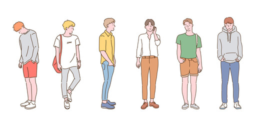 young men's street fashion collection. hand drawn style vector design illustrations. 