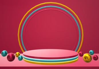 3d rendering Cylinder podium, metallic beads on the floor, and circular frame at the backside on pink background. Mockup design with empty space to show cosmetic products, presentation, Showcase, Ad.