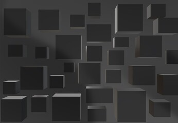 3d illustration of Modern digital dark geometric cubes with light reflection on abstract dark background. Realistic texture for 3d PVC wallpaper for wall, floor decor, carpet, product Advertising.