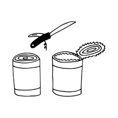 cans and folding knife set icon. hand drawn doodle. vector, scandinavian, nordic, minimalism, monochrome. hike, food.