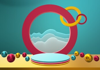 Beautiful Circle stage podium, metallic beads on the floor, and circular frame at the backside with Summer sea wave background and blank space. Summer mockup template. 3d illustration. 3d rendering.