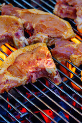 Meat is grilled from below, flames are visible.