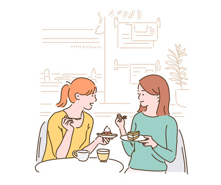 Two Friends Are Chatting While Sitting In A Cafe, Eating A Piece Of Cake. Hand Drawn Style Vector Design Illustrations. 