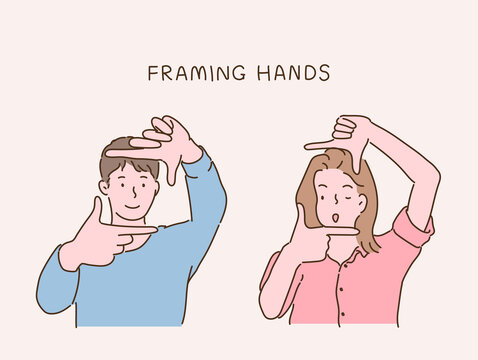 A man and a woman are making photo frames with their hands. hand drawn style vector design illustrations. 