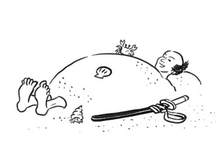 日本画タッチのを砂浜に埋まる人物イラストJapanese painting illustration buried in the sand parson