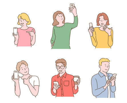 People holding mobile phones and making various gestures. hand drawn style vector design illustrations. 