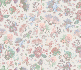 Printable seamless repeat pattern with watercolor effect roses, foliage, and beige color background.