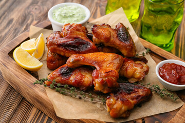Board with roasted chicken wings and sauces on wooden background