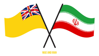 Niue and Iran Flags Crossed And Waving Flat Style. Official Proportion. Correct Colors.