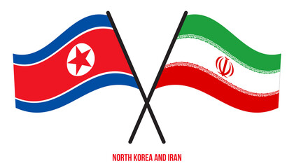 North Korea and Iran Flags Crossed And Waving Flat Style. Official Proportion. Correct Colors.