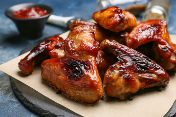 Board with roasted chicken wings on color background