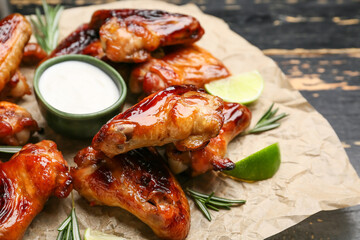 Roasted chicken wings and sauce on dark wooden background, closeup