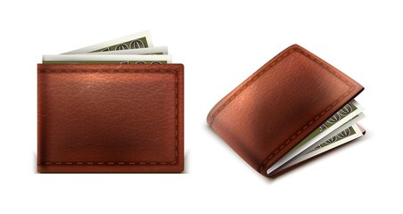 3d realistic vector leather wallet with cash of money inside in side and front view.  - obrazy, fototapety, plakaty