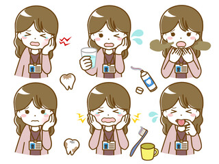 口の中に異常があるオフィスカジュアルな若い女性