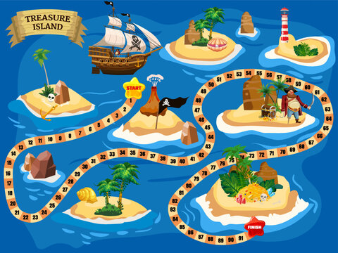 Treasure Island Pirate Board Game Map, Ocean Route. Travel adventure pirate naval ship, pile gold treasure, for kids. Vector illustration